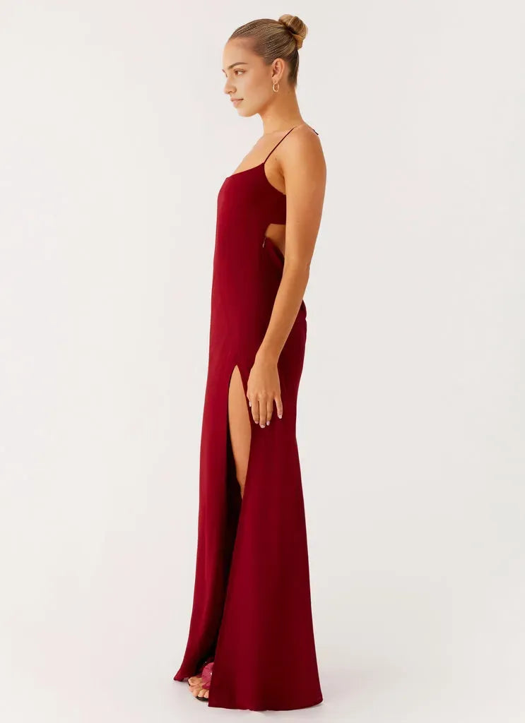 Glamorous Burgundy Prom Gown Square Neckline Spaghetti Straps Side Slit  Bodycon Fit for Prom Night