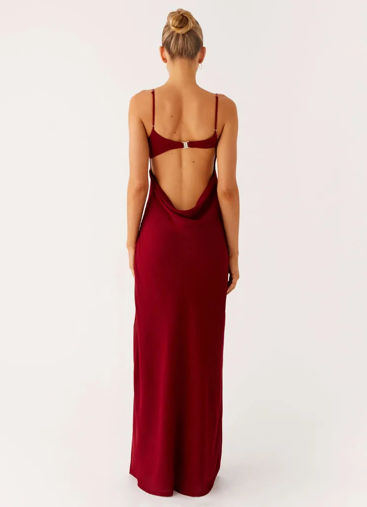 Glamorous Burgundy Prom Gown Square Neckline Spaghetti Straps Side Slit  Bodycon Fit for Prom Night