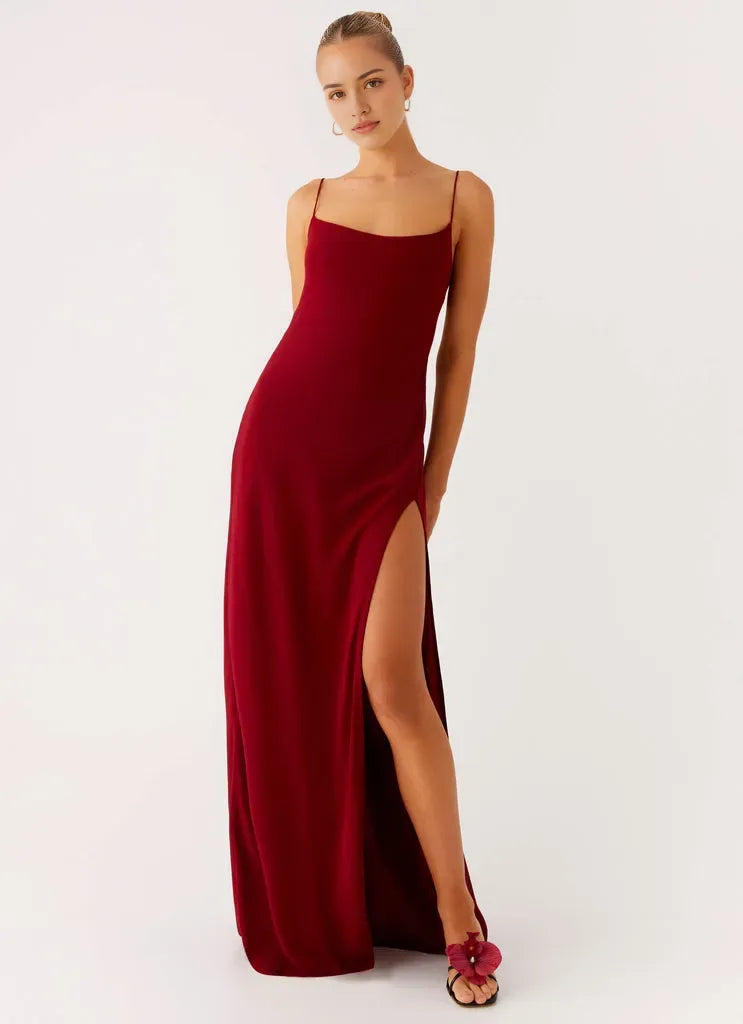 Glamorous Burgundy Prom Gown Square Neckline Spaghetti Straps Side Slit  Bodycon Fit for Prom Night