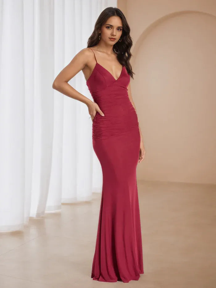 Glamorous Burgundy Ruched Prom Dress Deep V - Neck Spaghetti Straps Sculpted Silhouette to Elevate Gala Style