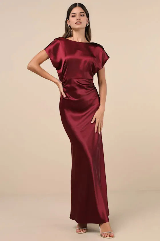 Glamorous Burgundy Satin Off The Shoulder Prom Dresses with Cap Sleeves Ideal for Proms Gala Evenings and High  Profile Formal Events