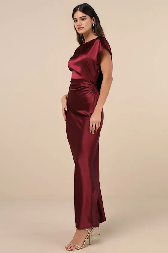 Glamorous Burgundy Satin Off The Shoulder Prom Dresses with Cap Sleeves Ideal for Proms Gala Evenings and High  Profile Formal Events