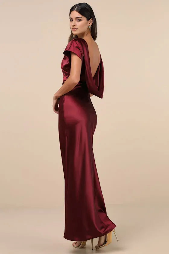Glamorous Burgundy Satin Off The Shoulder Prom Dresses with Cap Sleeves Ideal for Proms Gala Evenings and High  Profile Formal Events