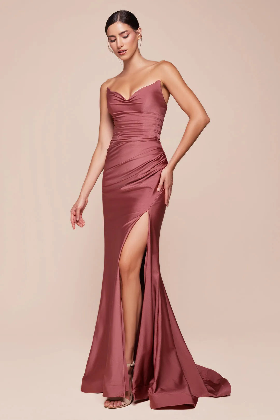 Glamorous Burgundy Satin Strapless Mermaid Prom Dress with Ruched Detailing and Side Slit