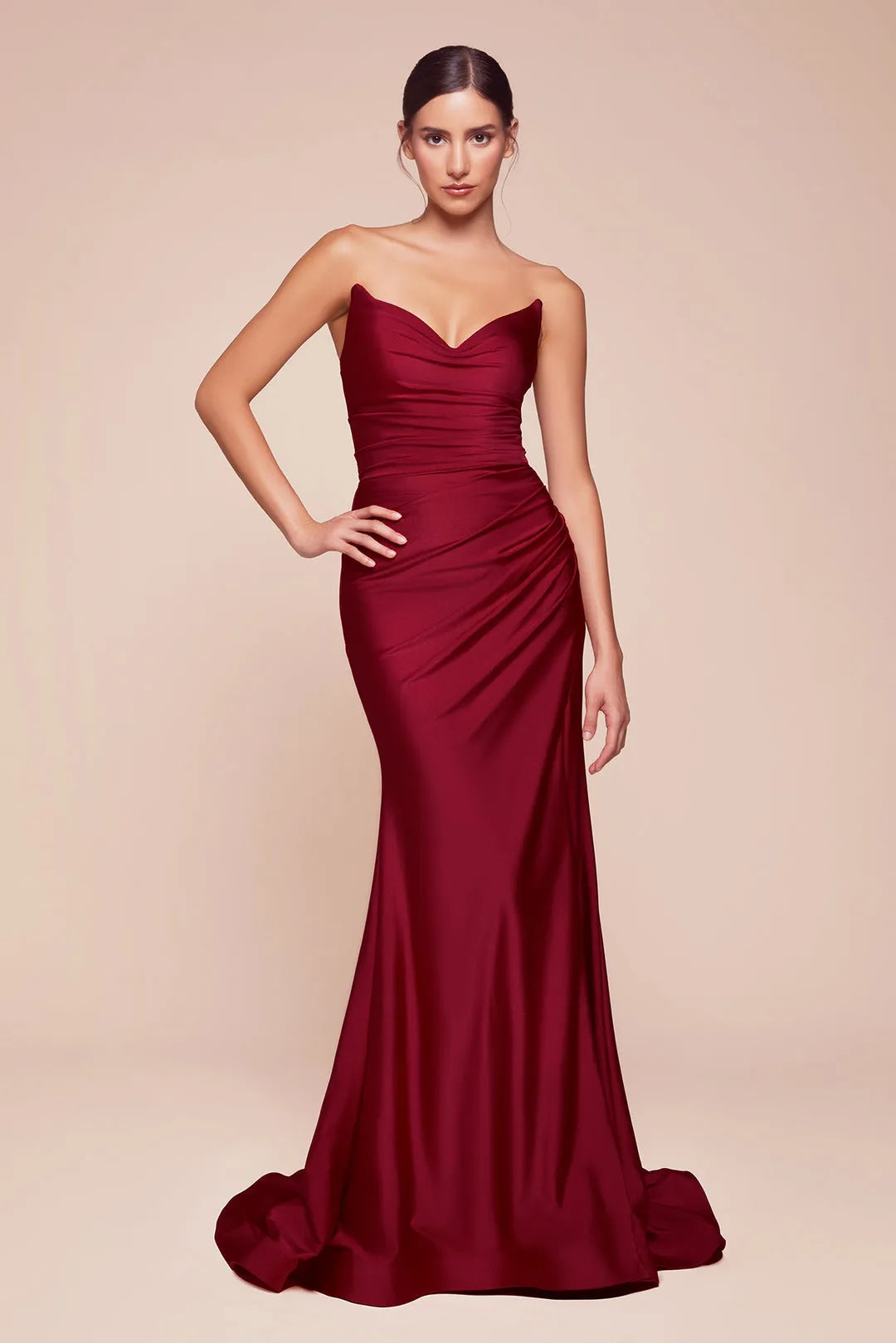 Glamorous Burgundy Satin Strapless Mermaid Prom Dress with Ruched Detailing and Side Slit