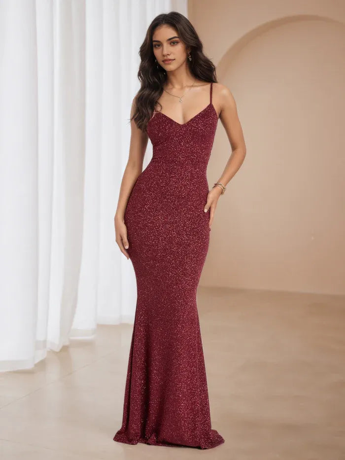 Glamorous Burgundy Sparkle Gown Plunge V - Neck Mermaid Fit Glitter Detail for Memorable Prom Nights