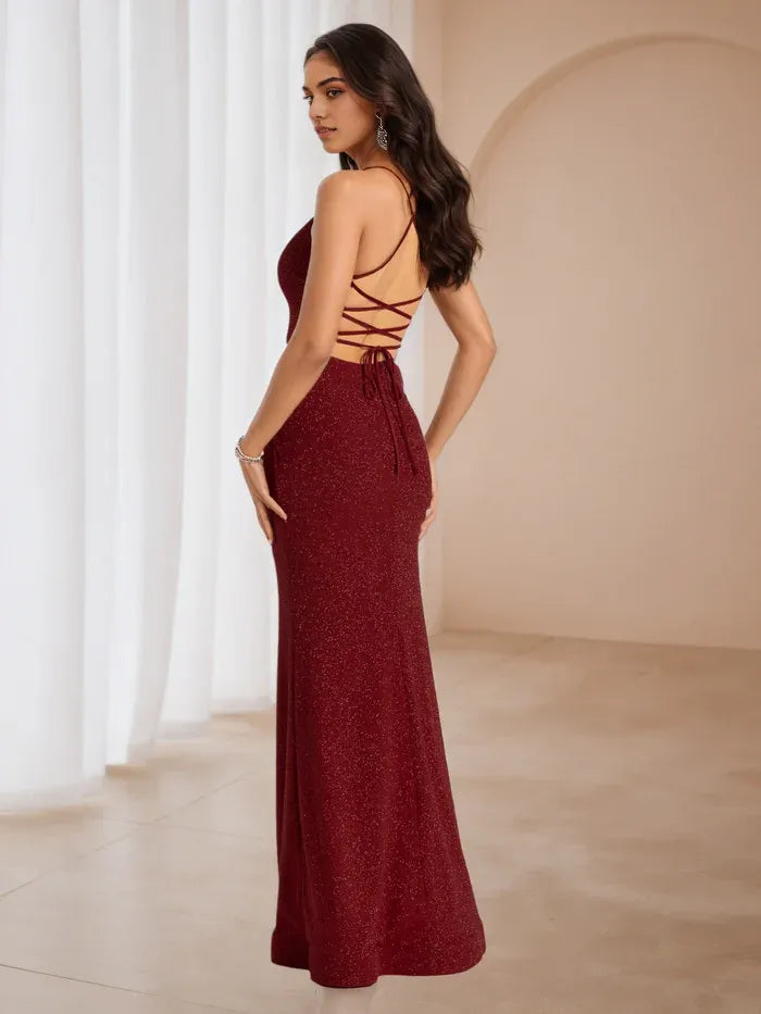 Glamorous Burgundy Sparkle Prom Dress V Neck Spaghetti Strap Gown with Side Slit for Formal Dance Events