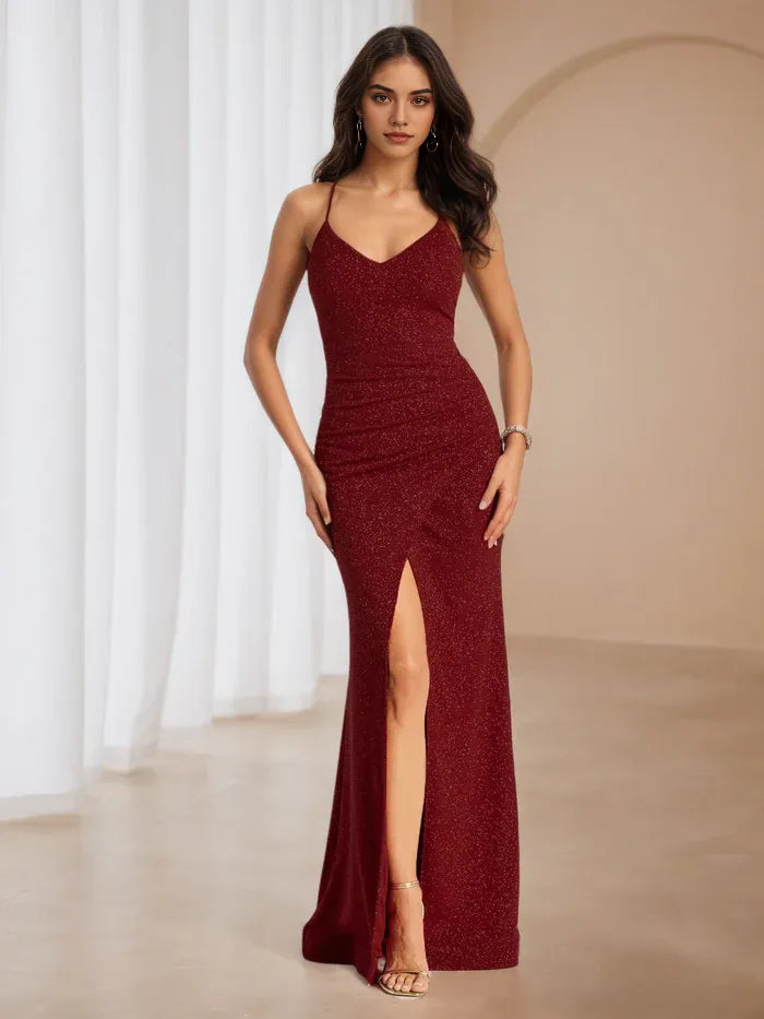 Glamorous Burgundy Sparkle Prom Dress V Neck Spaghetti Strap Gown with Side Slit for Formal Dance Events