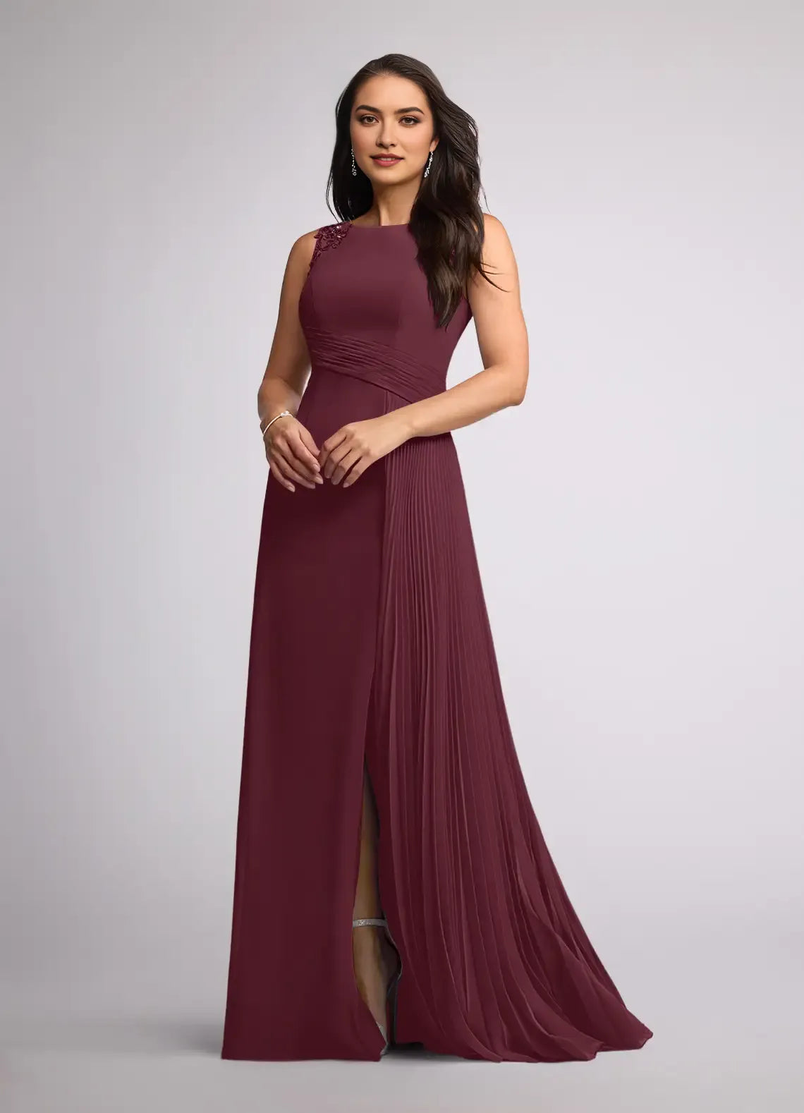 Glamorous Cabernet A-Line Sequins Chiffon Mother of the Bride Dresses Eye Catching Shoulder Embellishments High Neckline Figure  Flattering Pleated Design Sleeveless Side Slit