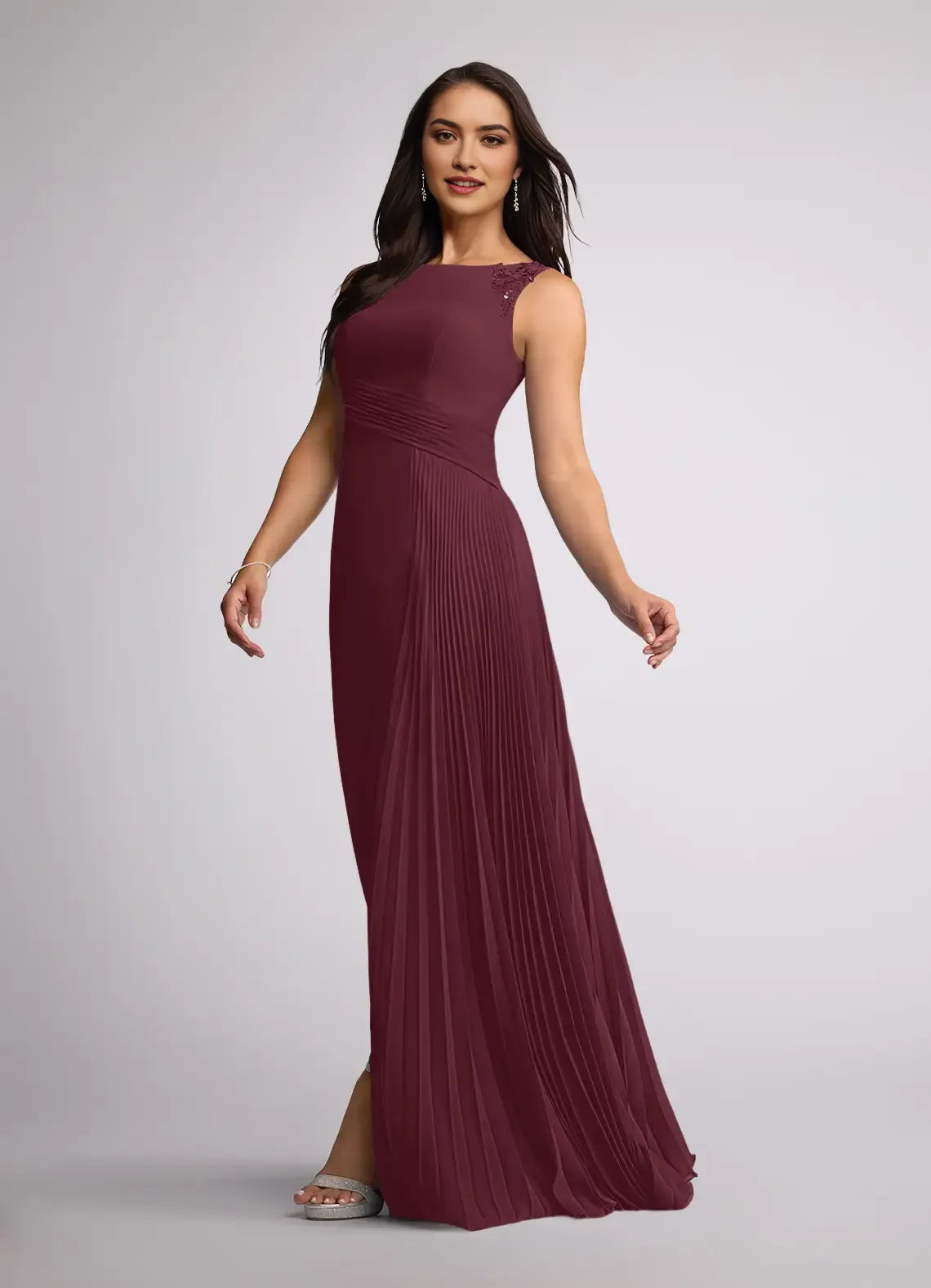 Glamorous Cabernet A-Line Sequins Chiffon Mother of the Bride Dresses Eye Catching Shoulder Embellishments High Neckline Figure  Flattering Pleated Design Sleeveless Side Slit
