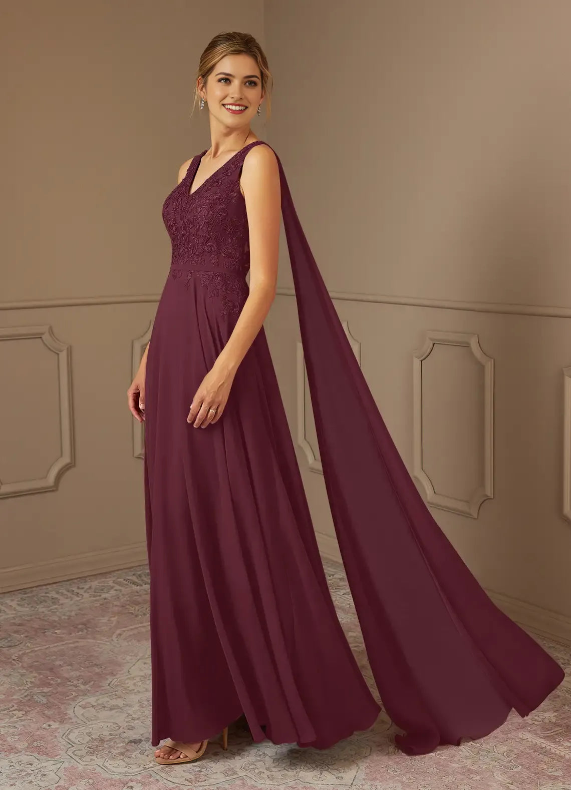 Glamorous Cabernet A-Line Sequins Chiffon Mother of the Bride Gown Eye Catching Lace Embellishments V - Neckline Figure Flattering Draped Design Sleeveless