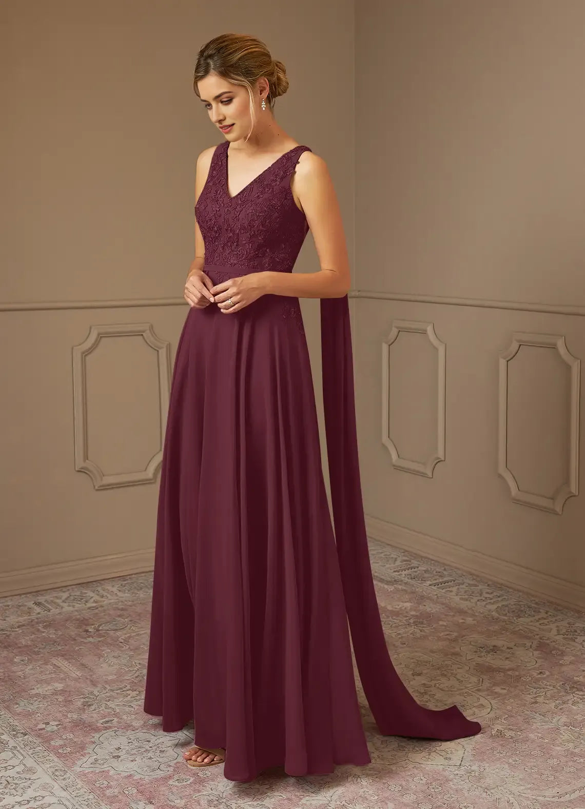 Glamorous Cabernet A-Line Sequins Chiffon Mother of the Bride Gown Eye Catching Lace Embellishments V - Neckline Figure Flattering Draped Design Sleeveless