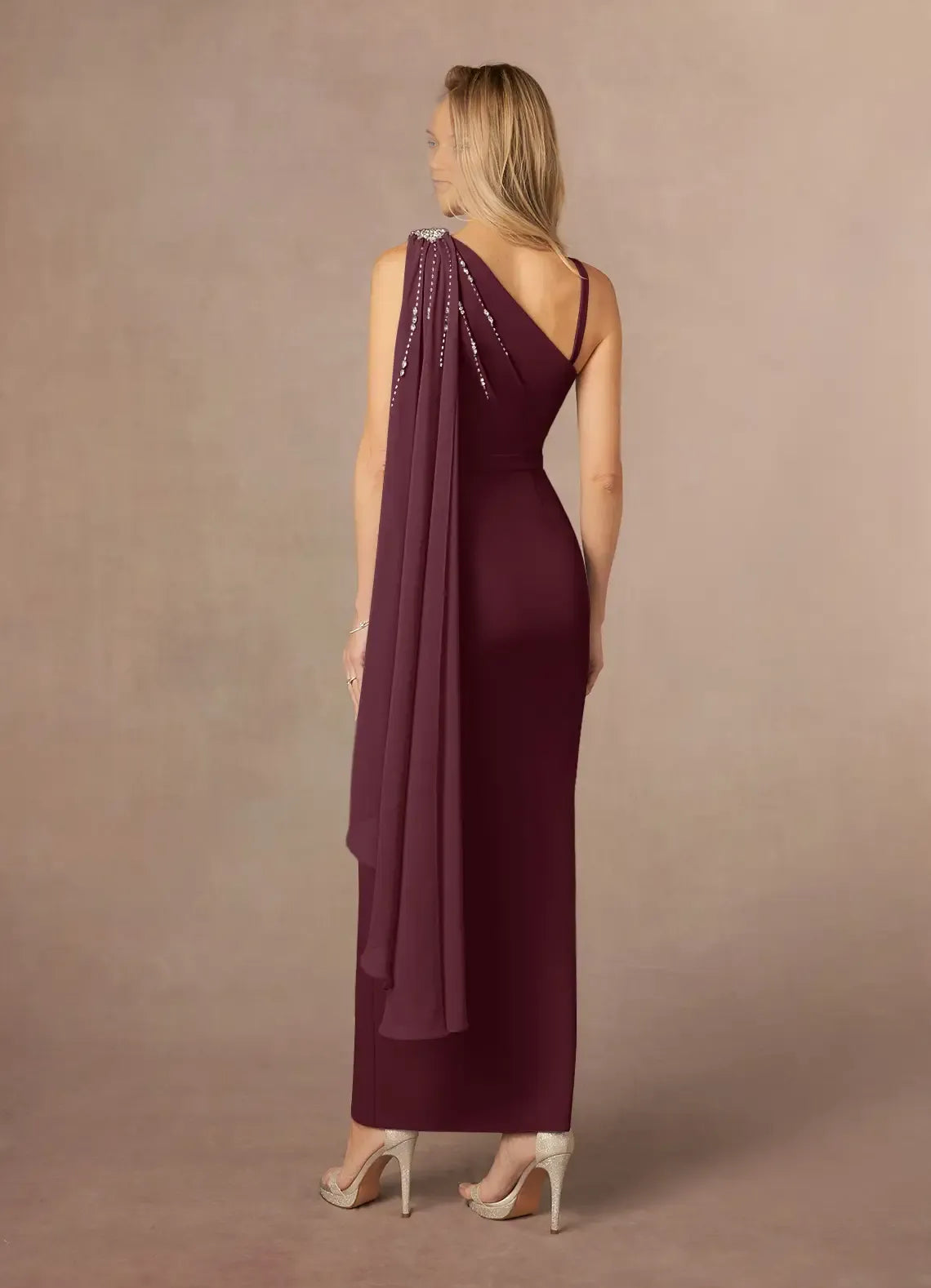 Glamorous Cabernet One Shoulder Crepe Mother of the Bride Dress with One - Shoulder Crystal  Embellished Strap Draped Chiffon Overlay and Slim Maxi Silhouette