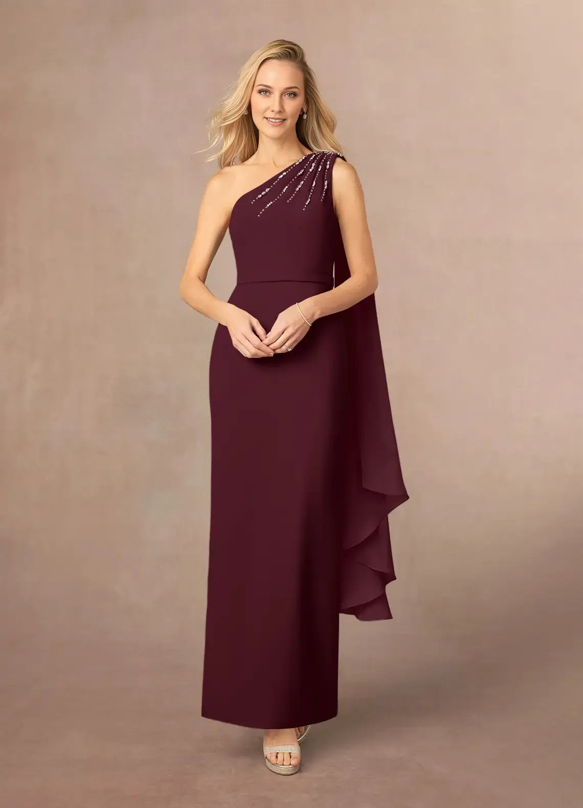 Glamorous Cabernet One Shoulder Crepe Mother of the Bride Dress with One - Shoulder Crystal  Embellished Strap Draped Chiffon Overlay and Slim Maxi Silhouette