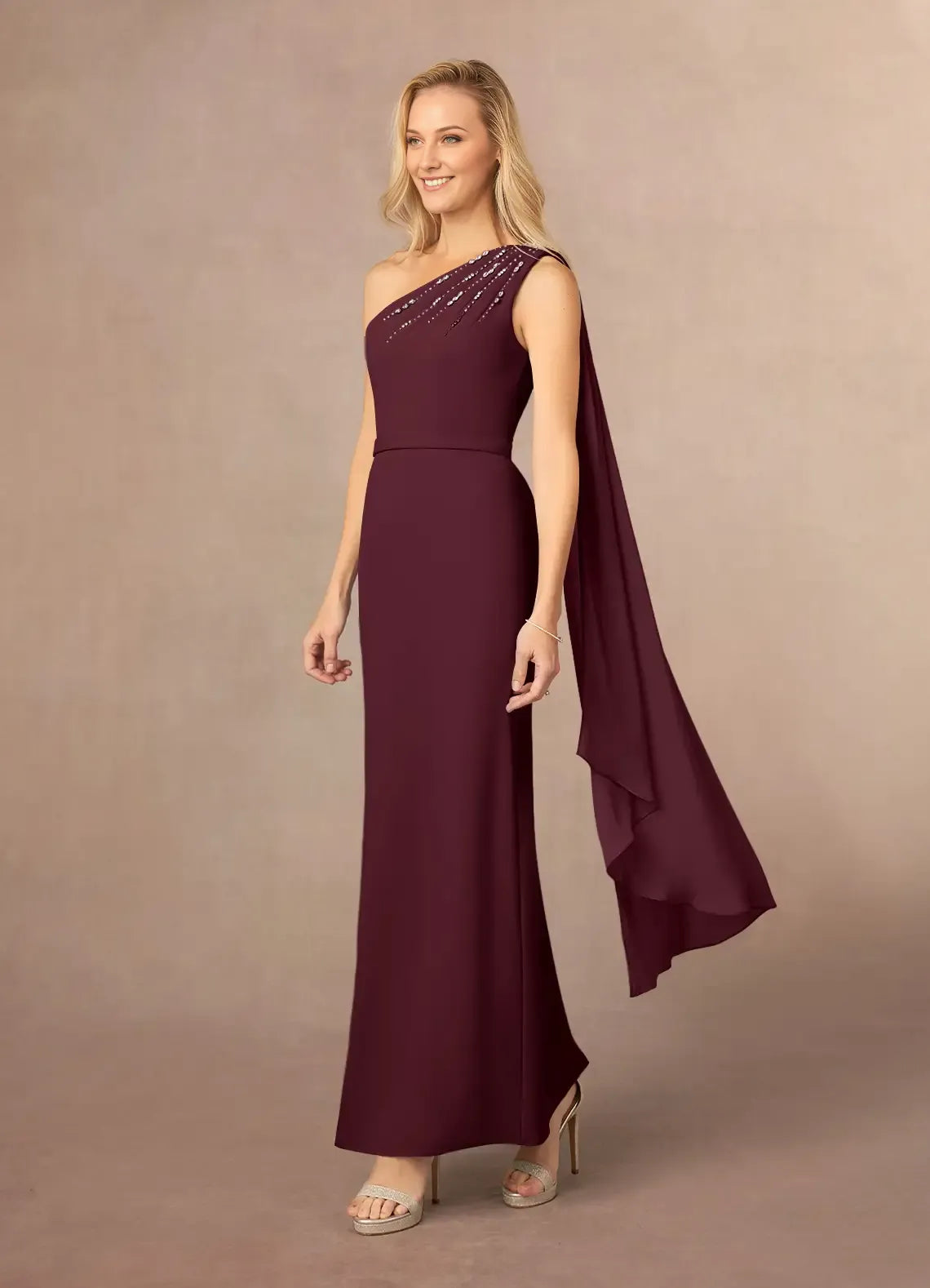 Glamorous Cabernet One Shoulder Crepe Mother of the Bride Dress with One - Shoulder Crystal  Embellished Strap Draped Chiffon Overlay and Slim Maxi Silhouette