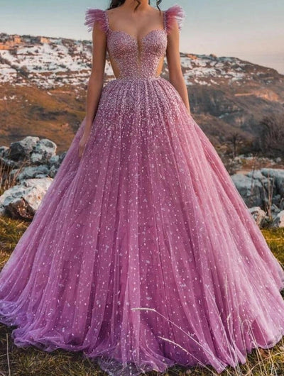 Glamorous Cap Sleeves Ball Gown Evening Dress Tulle With Appliques