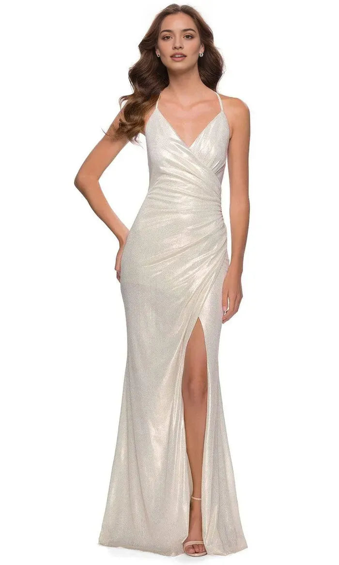 Glamorous Champagne - Gold Shimmering Knit Prom Dress with Halter Neck and High Slit
