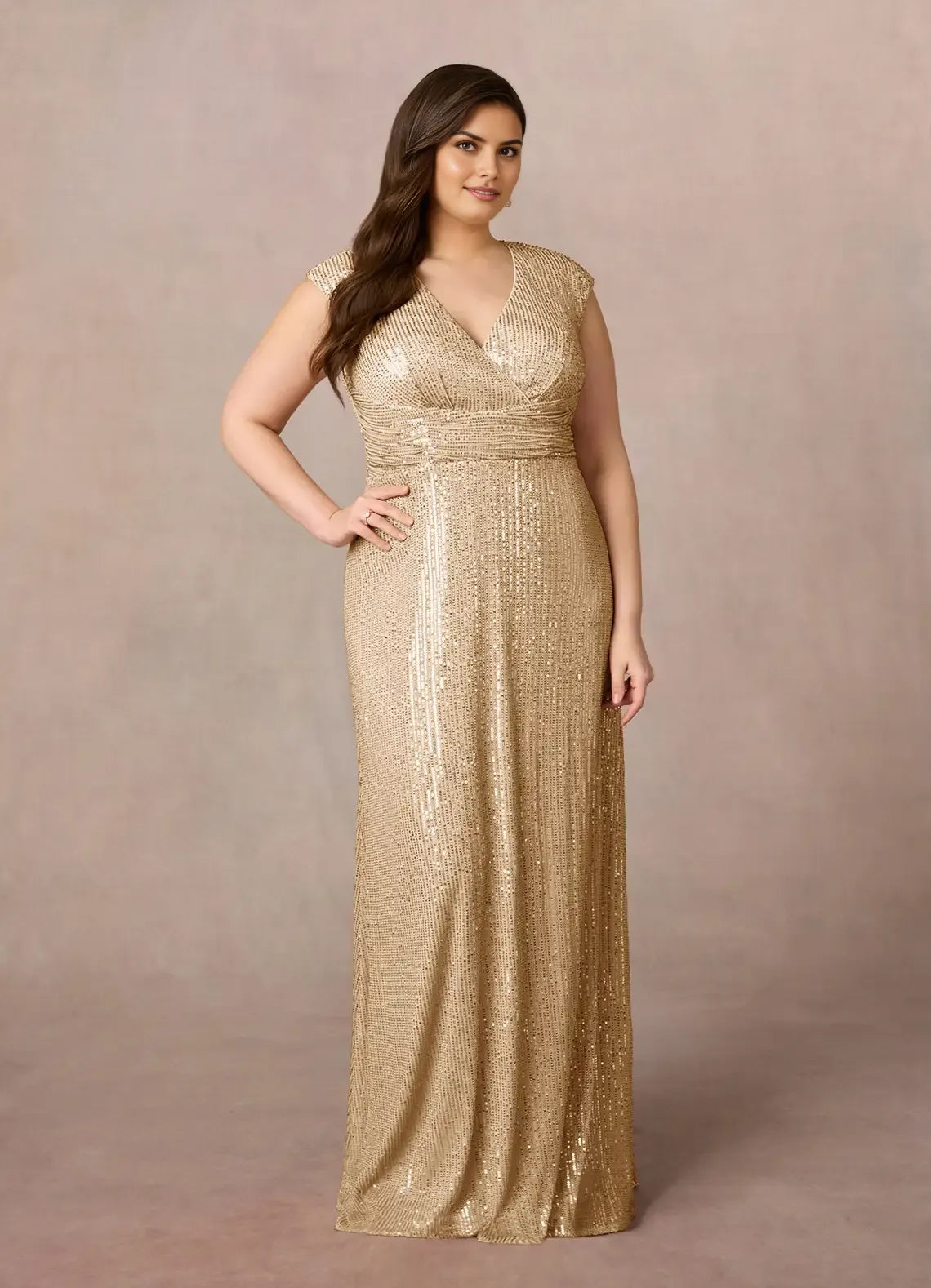 Glamorous Champagne A-Line Plus Size V-Neck Cap-Sleeve Ruffle Sequins Back Zip Floor-Length Mother of the Bride Dress
