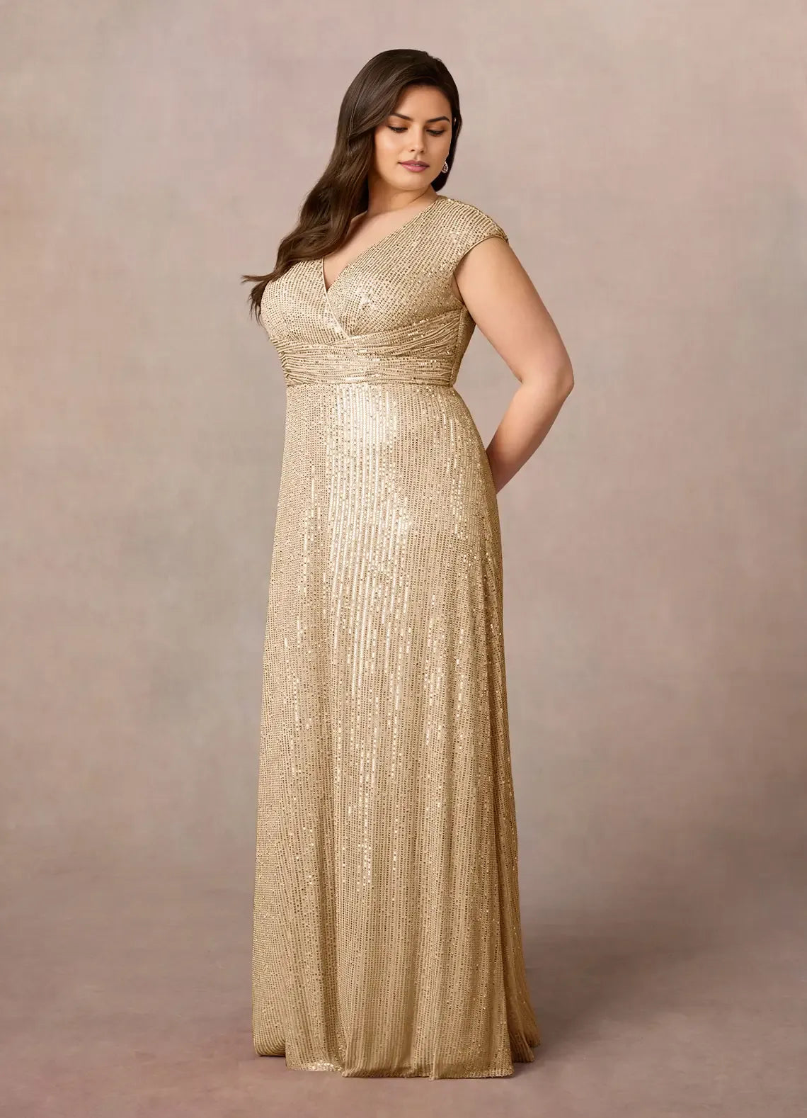 Glamorous Champagne A-Line Plus Size V-Neck Cap-Sleeve Ruffle Sequins Back Zip Floor-Length Mother of the Bride Dress
