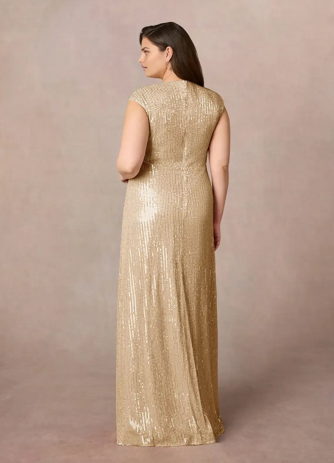 Glamorous Champagne A-Line Plus Size V-Neck Cap-Sleeve Ruffle Sequins Back Zip Floor-Length Mother of the Bride Dress