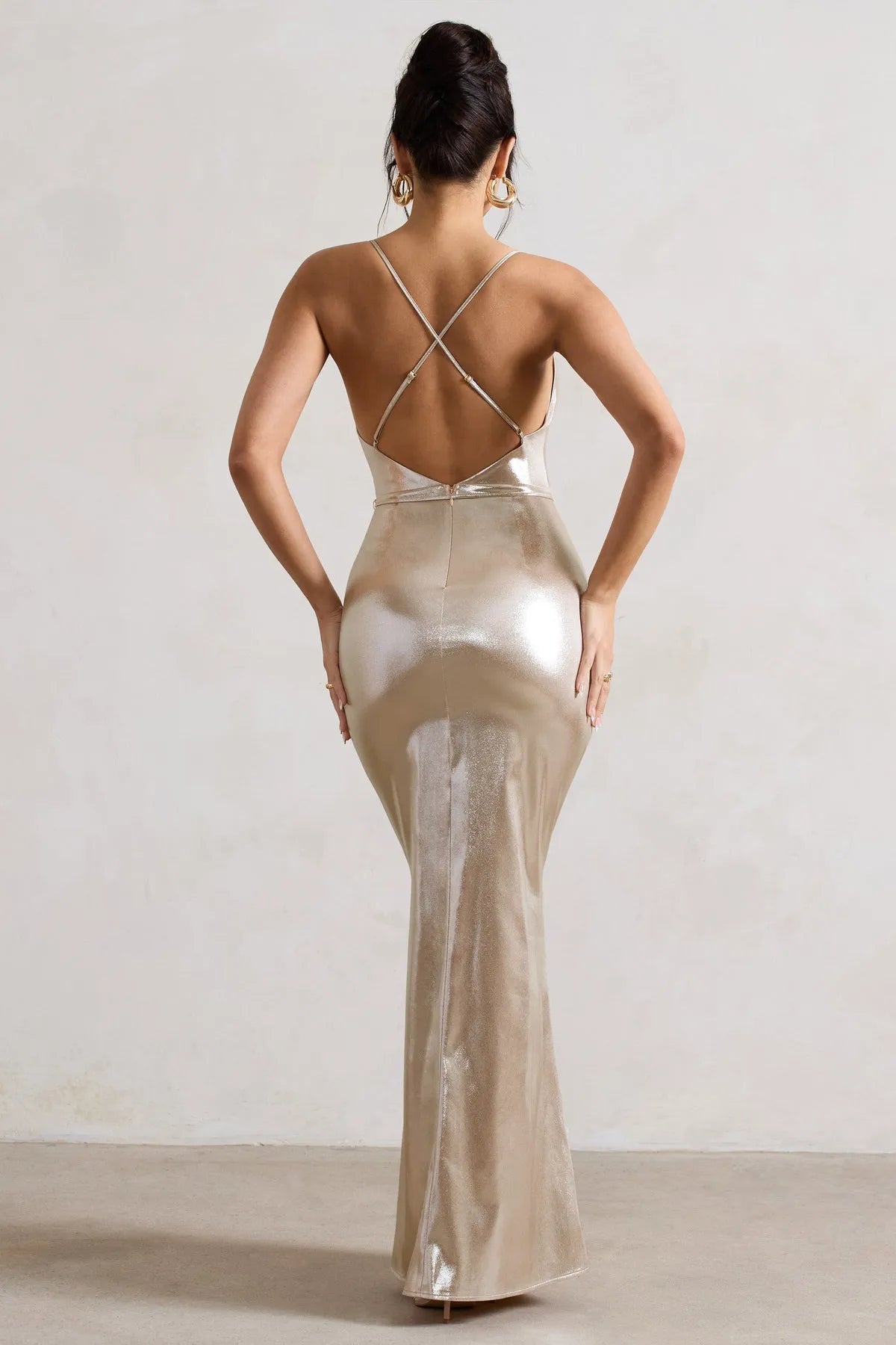 Glamorous Champagne Gold Satin Cowl Neck Prom Dresses with Spaghetti Straps and Waist Tie