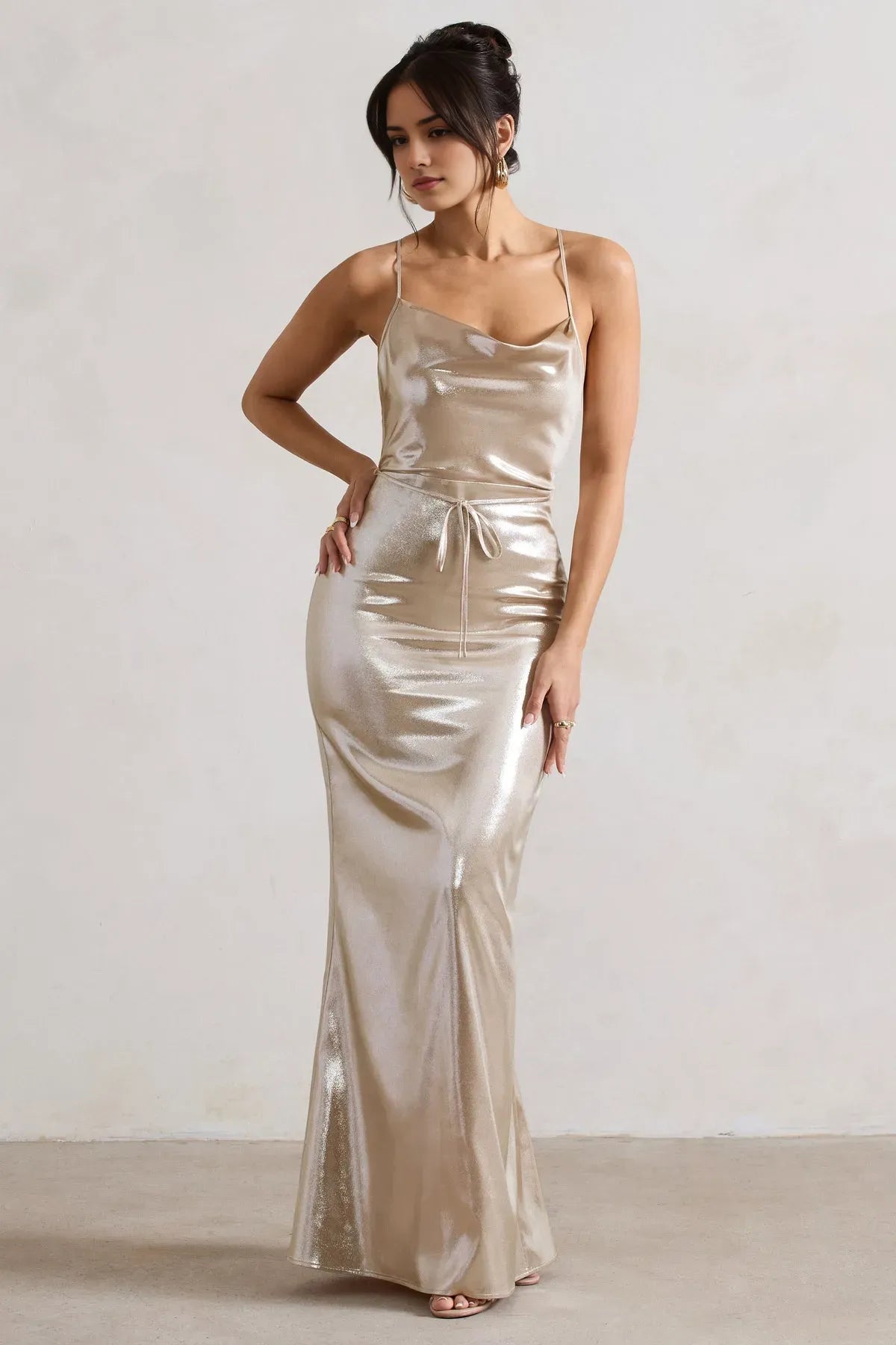 Glamorous Champagne Gold Satin Cowl Neck Prom Dresses with Spaghetti Straps and Waist Tie