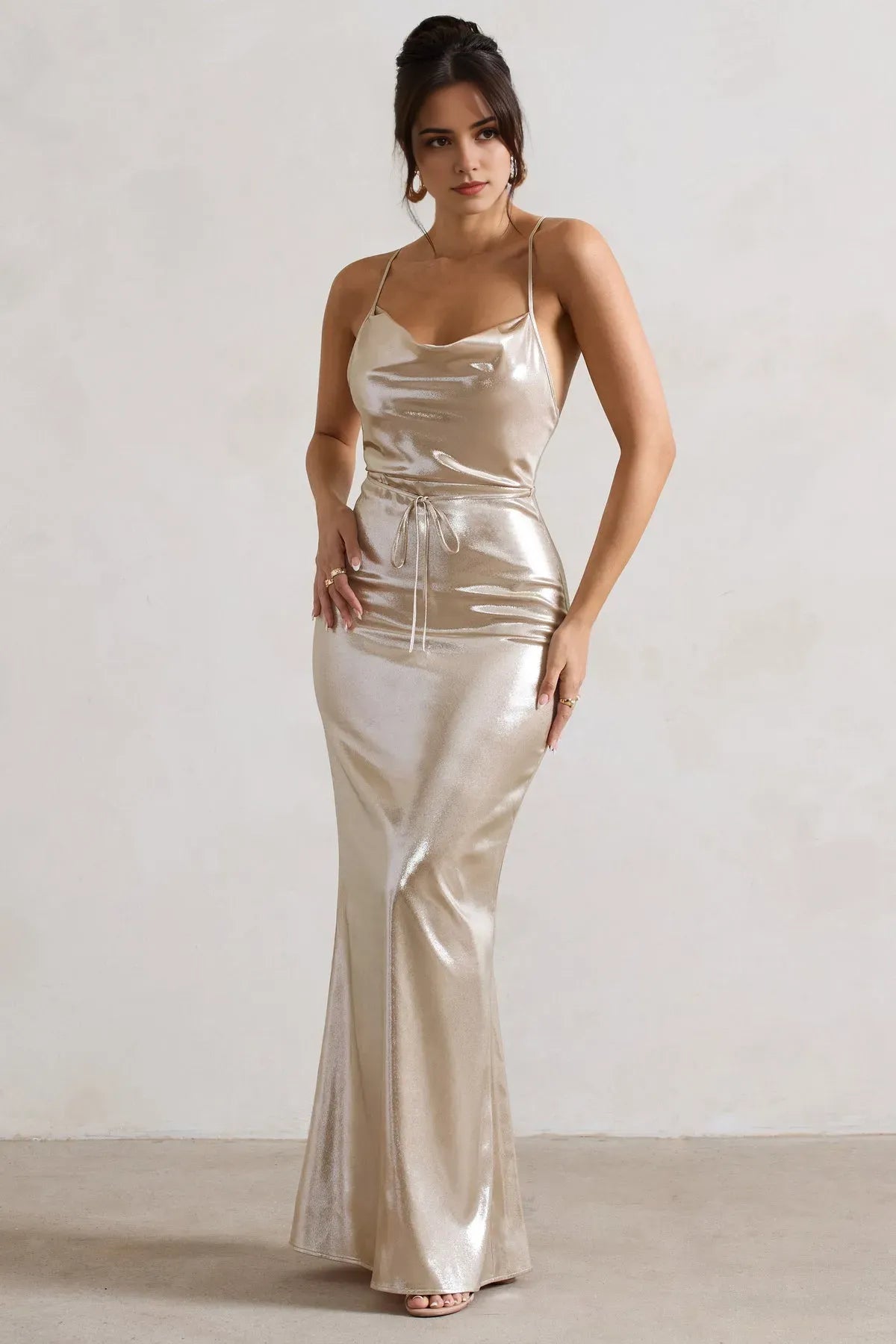 Glamorous Champagne Gold Satin Cowl Neck Prom Dresses with Spaghetti Straps and Waist Tie