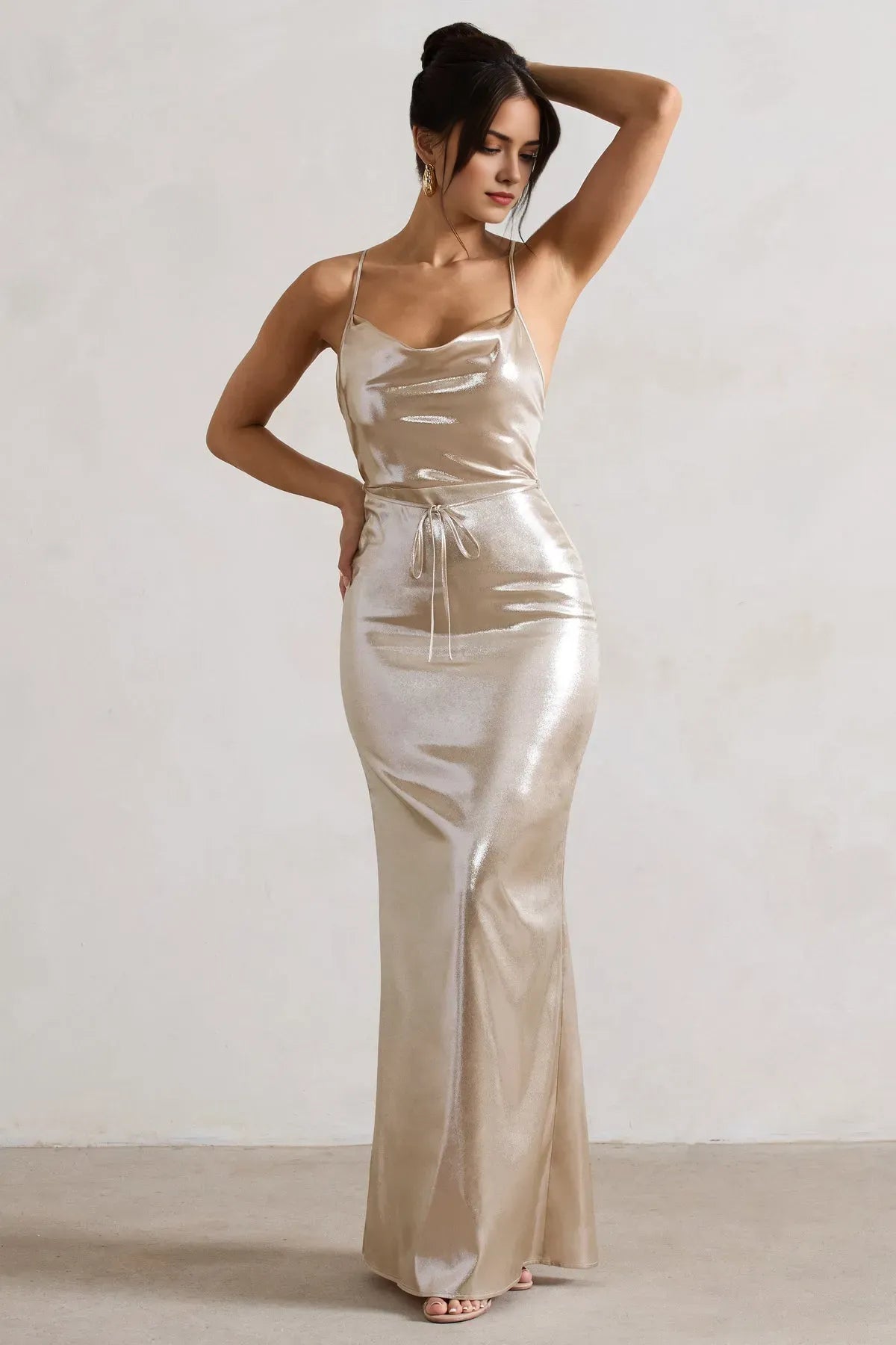 Glamorous Champagne Gold Satin Cowl Neck Prom Dresses with Spaghetti Straps and Waist Tie