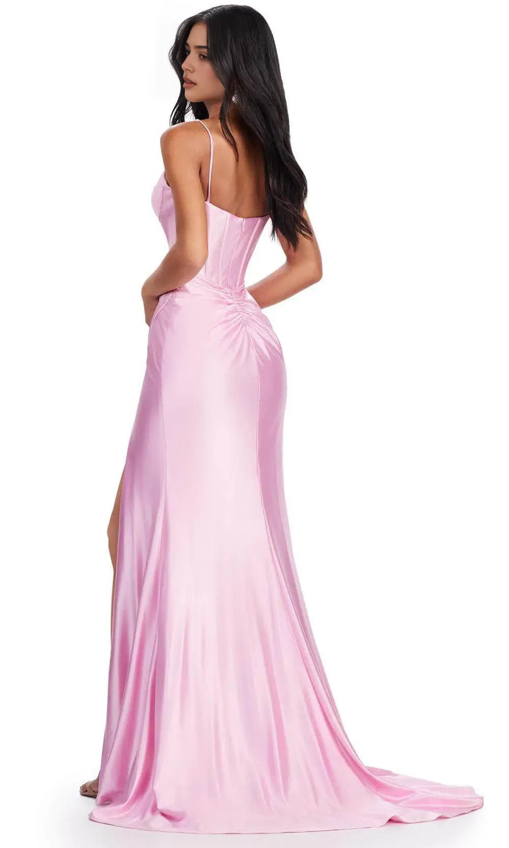 Glamorous Champagne Satin Evening Dresses with Spaghetti Straps Corset Inspired Bodice Asymmetric Ruched Skirt and High Side Slit