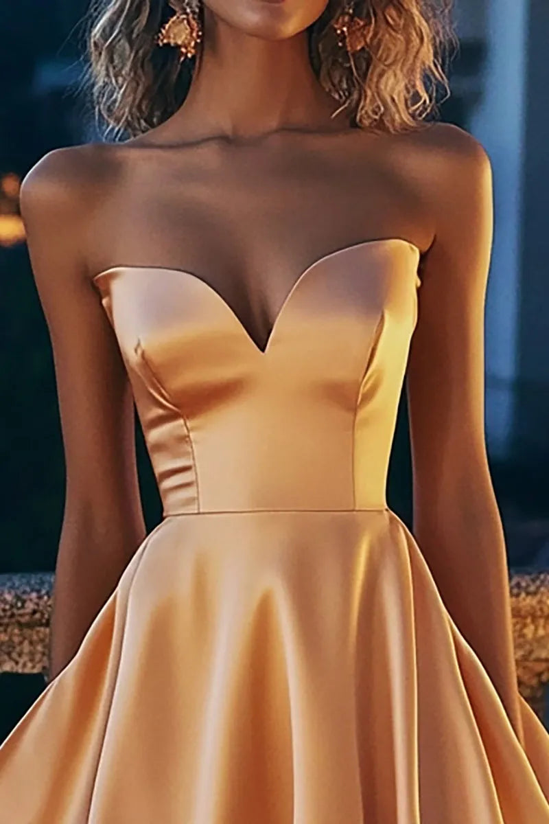 Glamorous Champagne Satin Strapless Homecoming Dress with Ruffled Hem