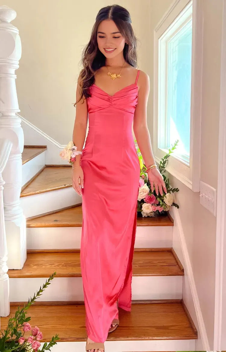 Glamorous Coral Pink Prom Dress Spaghetti Straps Ruched Plunging V Neck Satin Fit for a Show Stopping Appeal