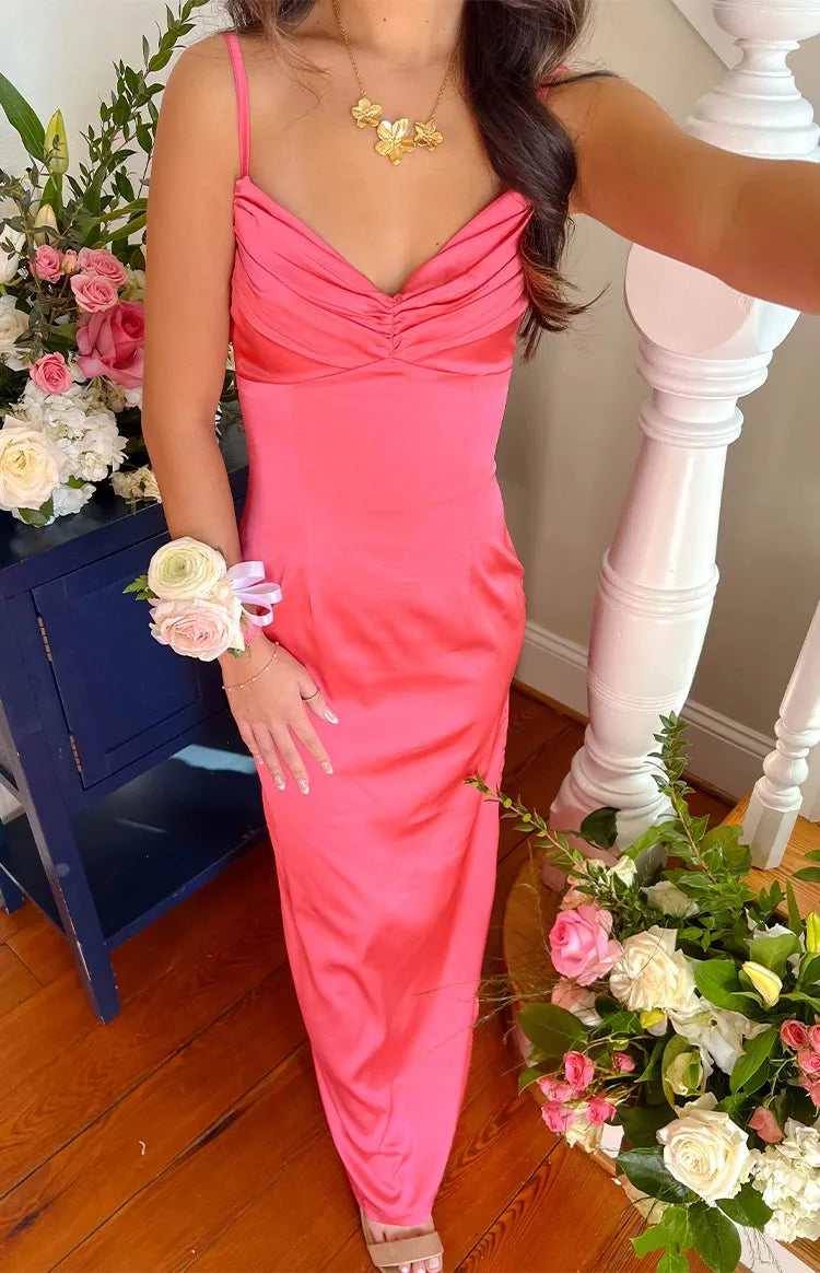 Glamorous Coral Pink Prom Dress Spaghetti Straps Ruched Plunging V Neck Satin Fit for a Show Stopping Appeal