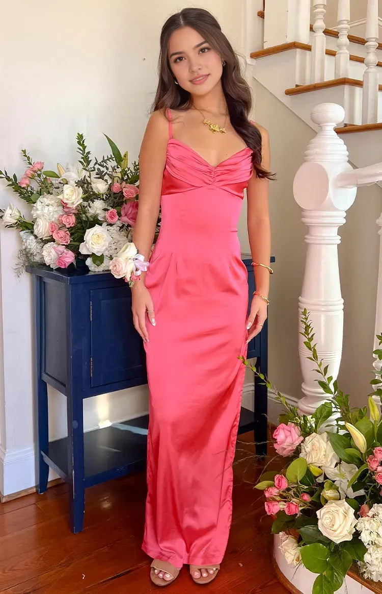Glamorous Coral Pink Prom Dress Spaghetti Straps Ruched Plunging V Neck Satin Fit for a Show Stopping Appeal