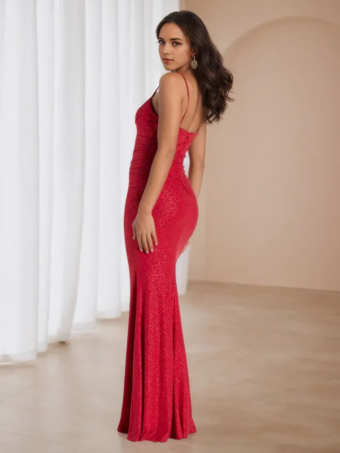 Glamorous Crimson Glitter Prom Dress Cowl Neckline Cut - Out Detail Sculpted Fit to Elevate Gala Style