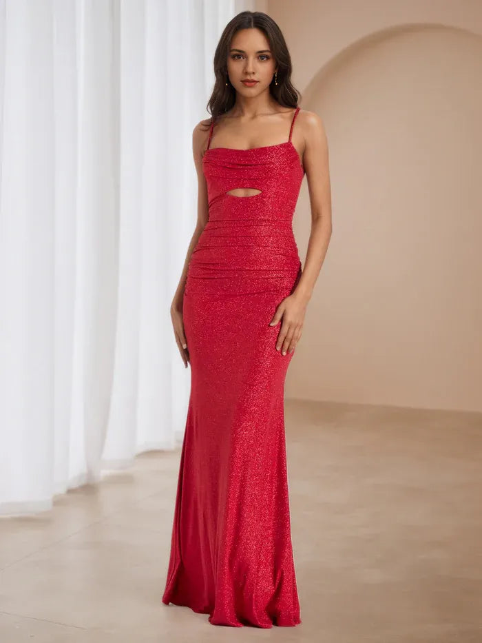 Glamorous Crimson Glitter Prom Dress Cowl Neckline Cut - Out Detail Sculpted Fit to Elevate Gala Style