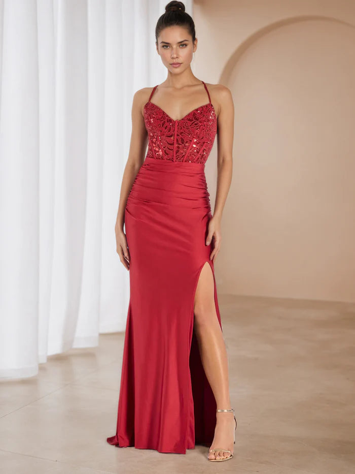 Glamorous Crimson Satin Prom Dress Plunging V - Neck Sequin Bodice Sculpted Silhouette to Elevate Gala Style