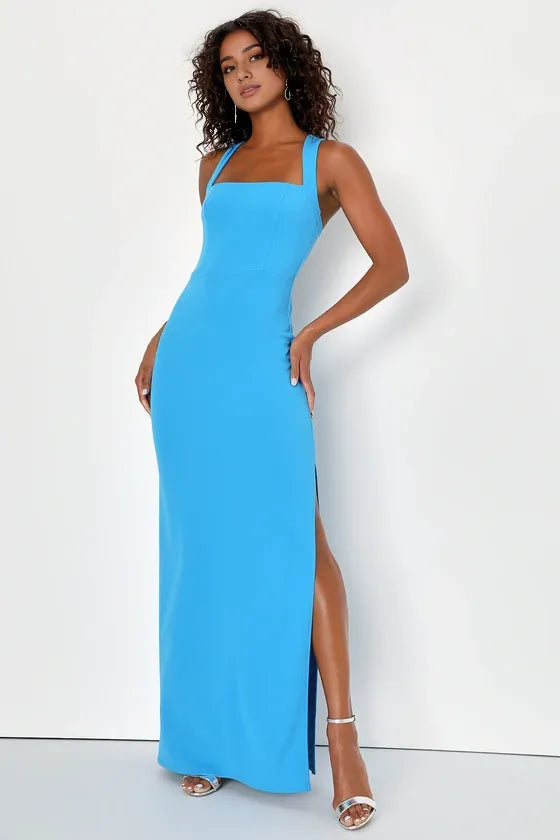 Glamorous Dedication Blue Sleeveless Column Evening Dresses