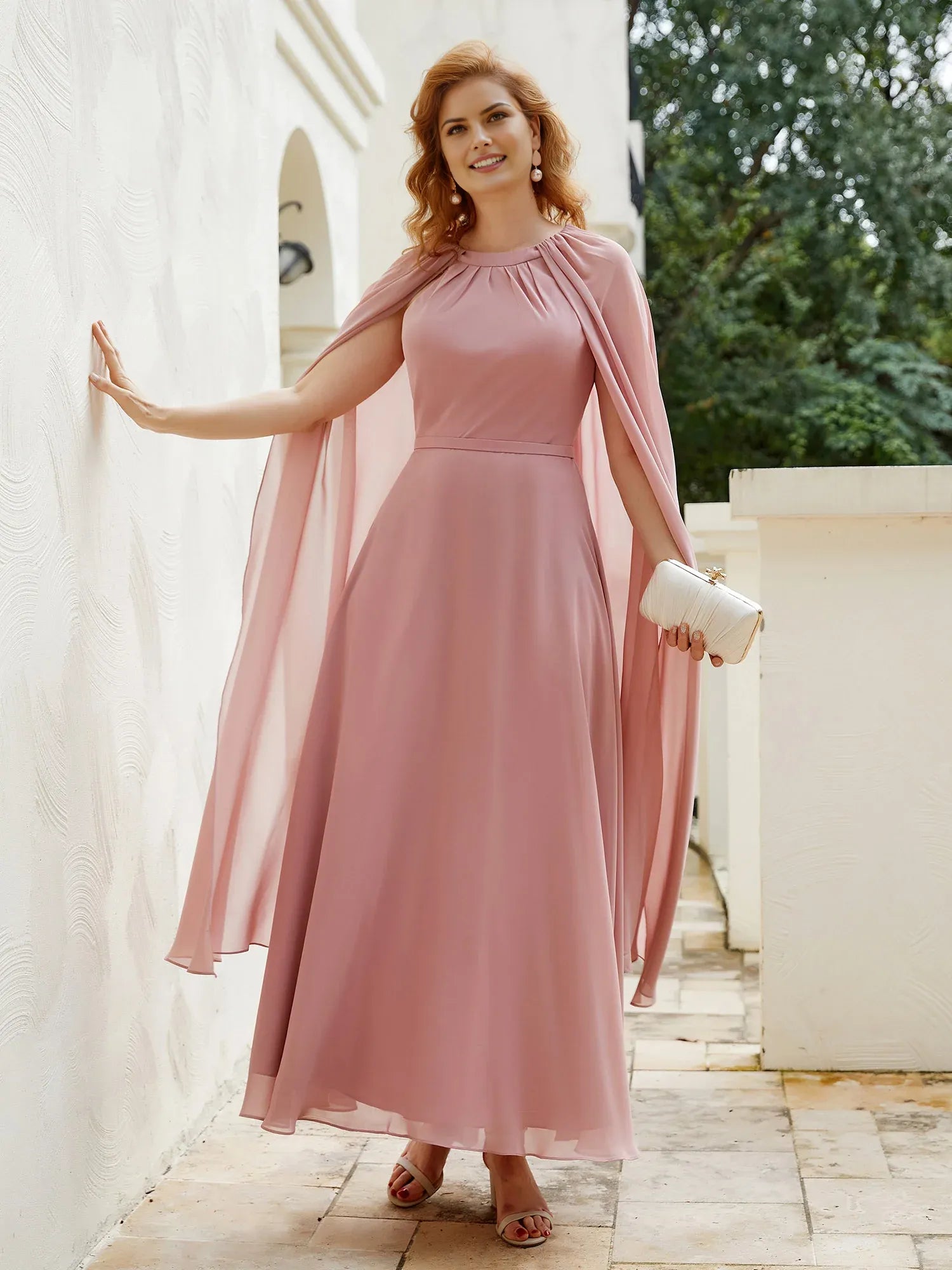 Glamorous Dusty Rose Chiffon A-Line High Neck Cape-Sleeve Back Zip Floor-Length Mother of the Bride Dress