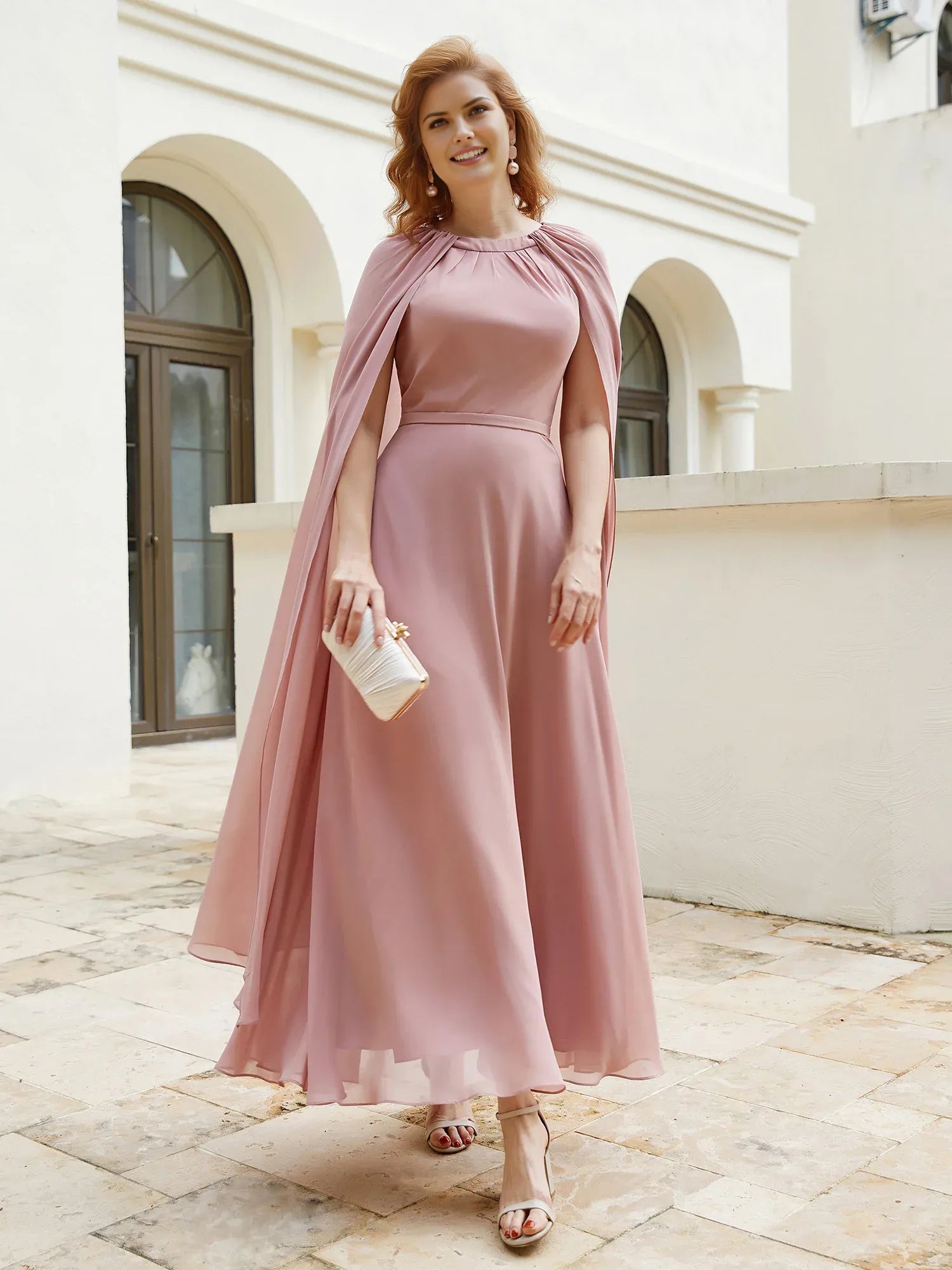 Glamorous Dusty Rose Chiffon A-Line High Neck Cape-Sleeve Back Zip Floor-Length Mother of the Bride Dress