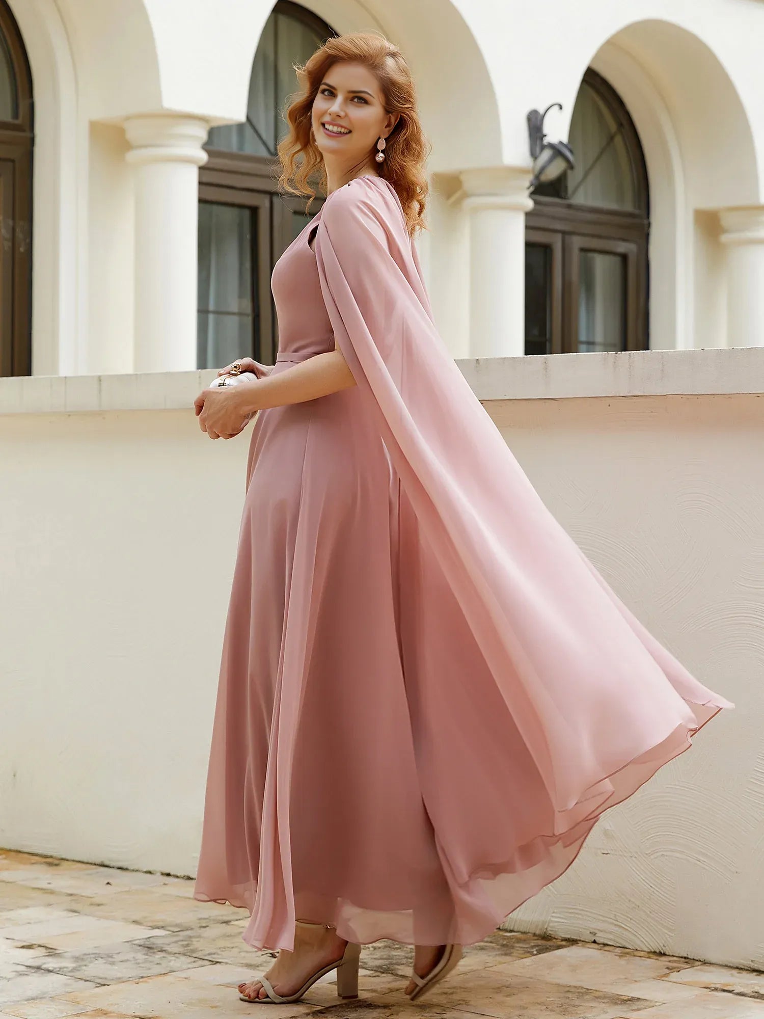 Glamorous Dusty Rose Chiffon A-Line High Neck Cape-Sleeve Back Zip Floor-Length Mother of the Bride Dress