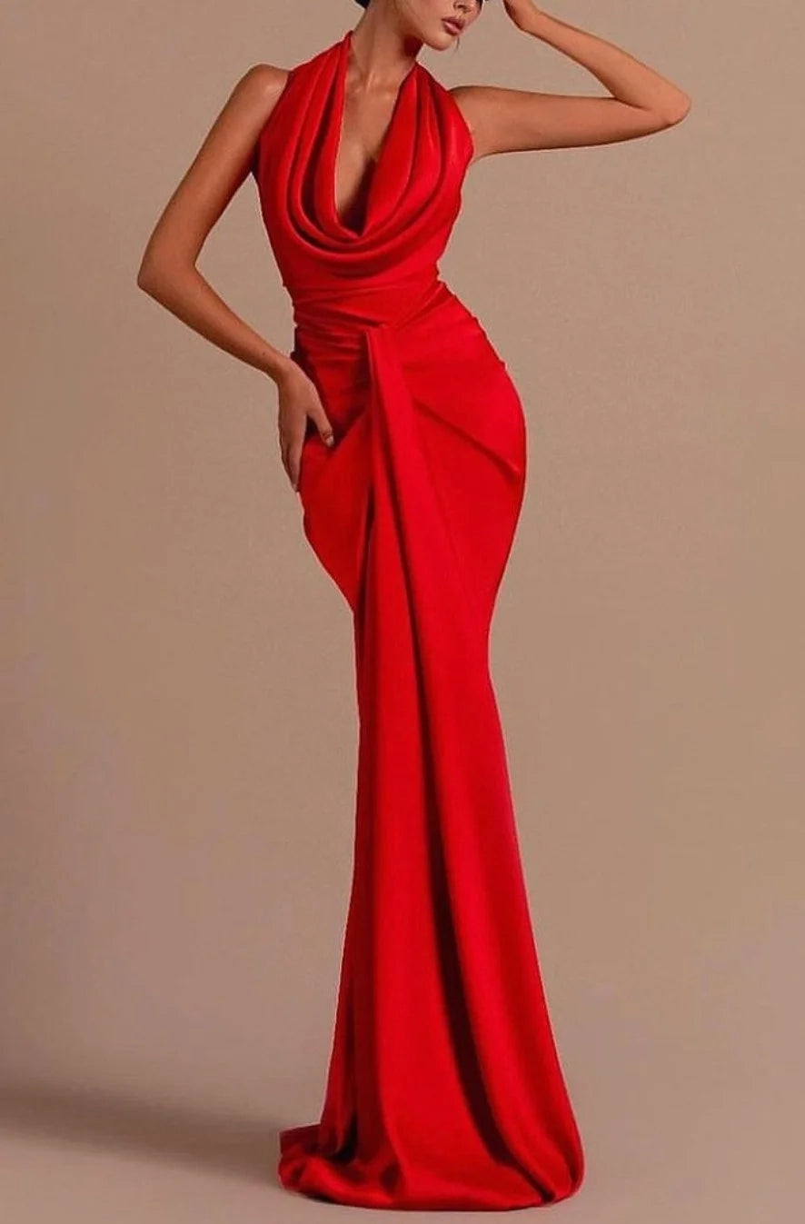 Glamorous Elegant Mermaid Halter Ruched Red Evening Dress