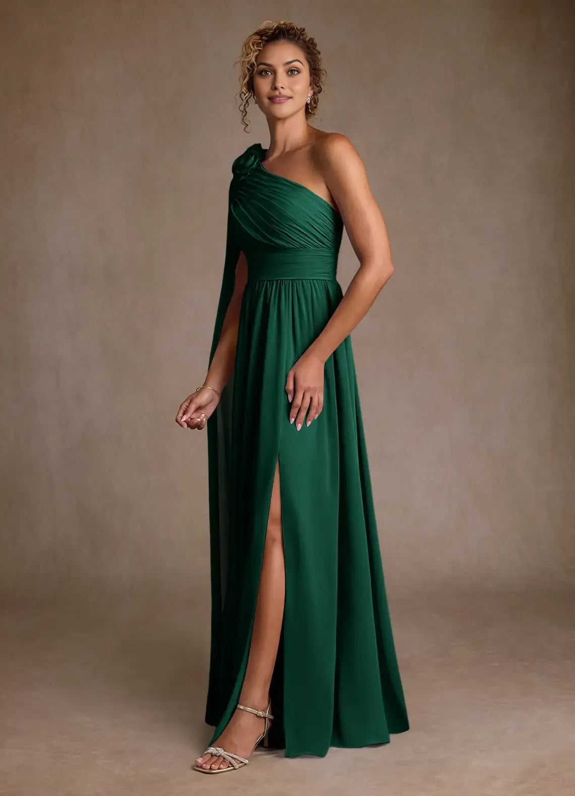 Glamorous Emerald A-Line One-Shoulder Cape-Sleeve Floral-Embellished Side Zip High-Slit Floor-Length Mother of the Bride Dress