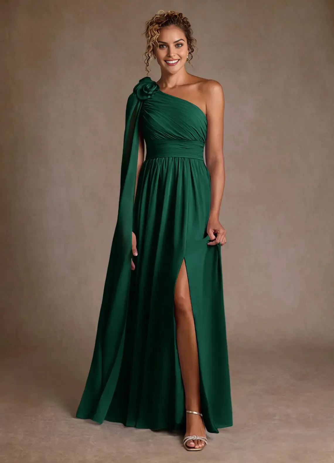 Glamorous Emerald A-Line One-Shoulder Cape-Sleeve Floral-Embellished Side Zip High-Slit Floor-Length Mother of the Bride Dress