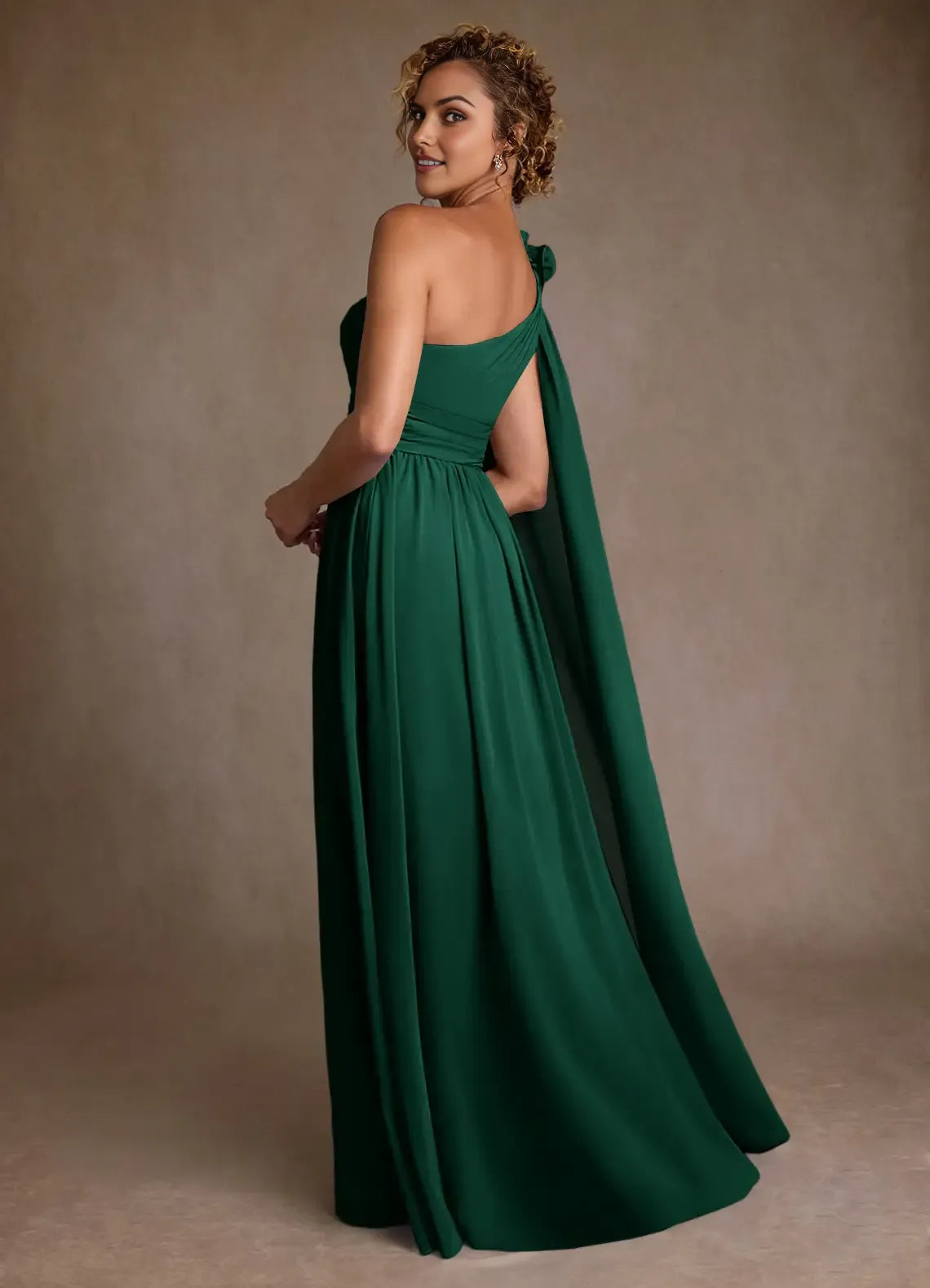 Glamorous Emerald A-Line One-Shoulder Cape-Sleeve Floral-Embellished Side Zip High-Slit Floor-Length Mother of the Bride Dress