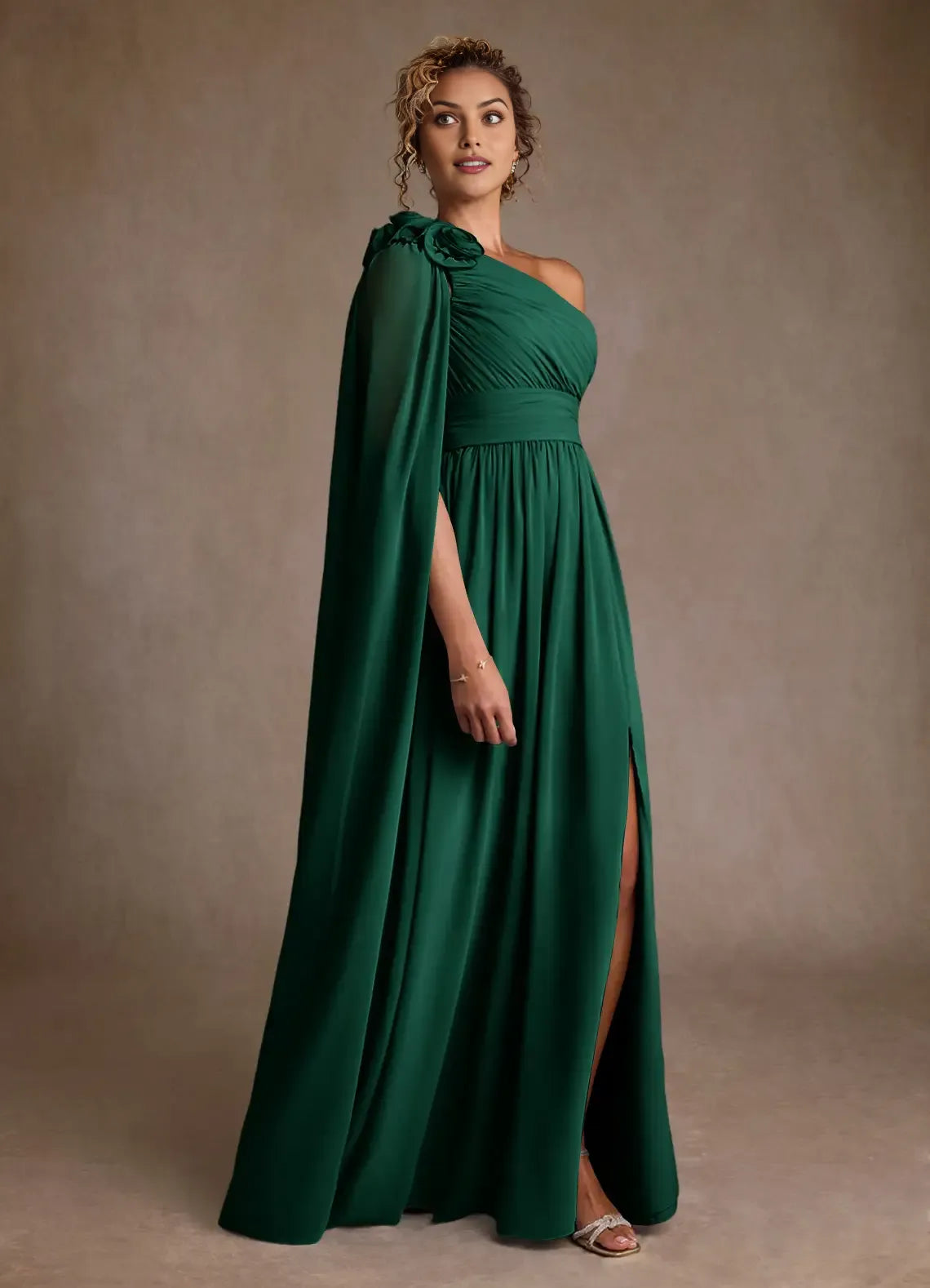Glamorous Emerald A-Line One-Shoulder Cape-Sleeve Floral-Embellished Side Zip High-Slit Floor-Length Mother of the Bride Dress