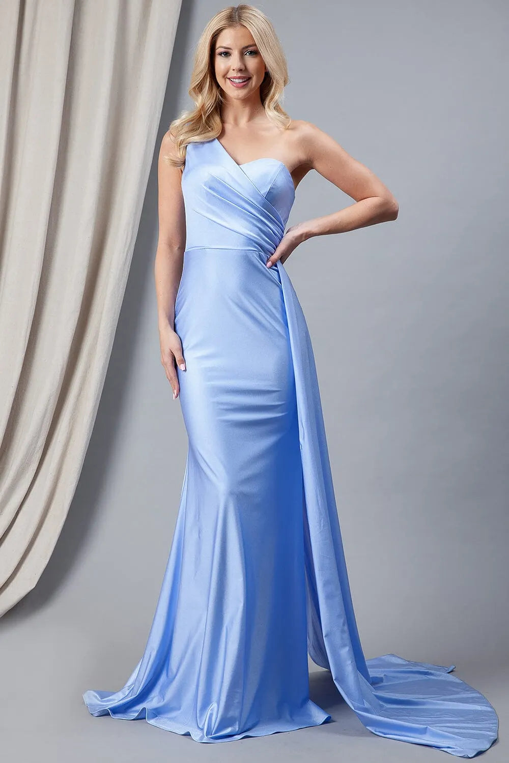 Glamorous Emerald Green Satin One - Shoulder Mermaid Prom Dress with Flowing Sash