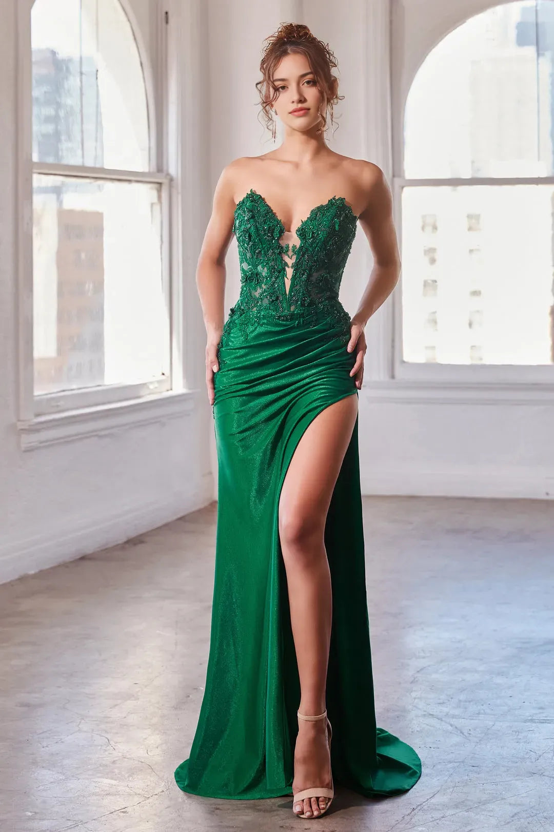 Glamorous Emerald Green Satin Prom Dress with Lace - Embellished Bodice and High Slit