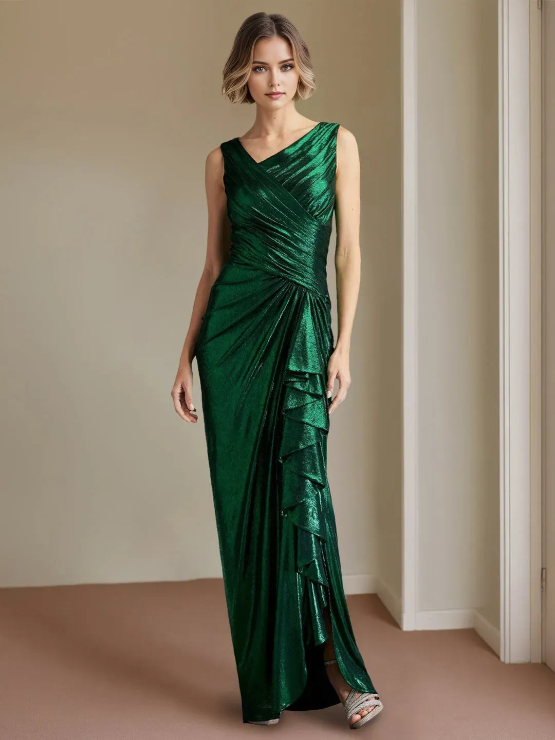Glamorous Emerald Green Sheath/Column Asymmetric Neck Sleeveless Ruffles Back Zip Floor-Length Prom Dresses with Side Slit