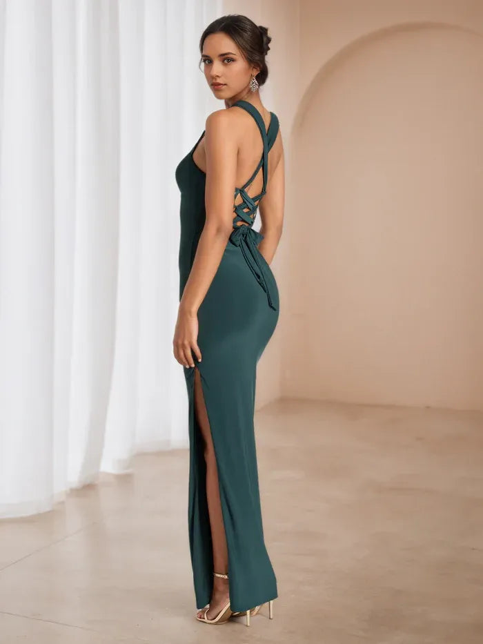 Glamorous Emerald Green Square - Neck Prom Dress Bodycon Fit Side Slit to Elevate Gala Style