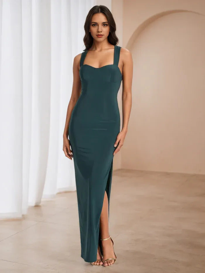 Glamorous Emerald Green Square - Neck Prom Dress Bodycon Fit Side Slit to Elevate Gala Style